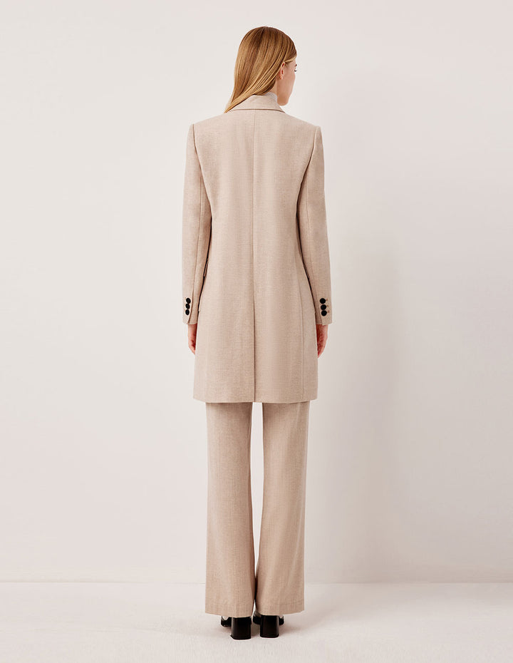 MARYLING Peaked Lapel Vintage Double-Breasted Beige Long Wool Coat