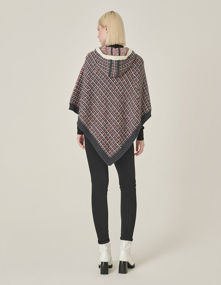MARYLING Red And Black Hooded Knitted Plaid Shawl