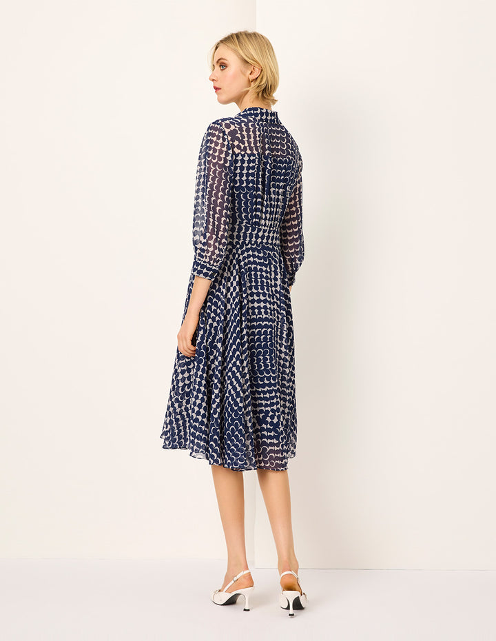 MARYLING Shirt Collar Long-Sleeve Empire Tie-Waist Printed  Midi Dress