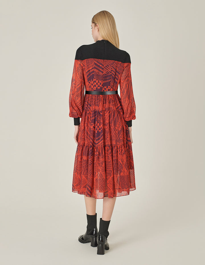 MARYLING Patchwork Knit Print Midi Dress