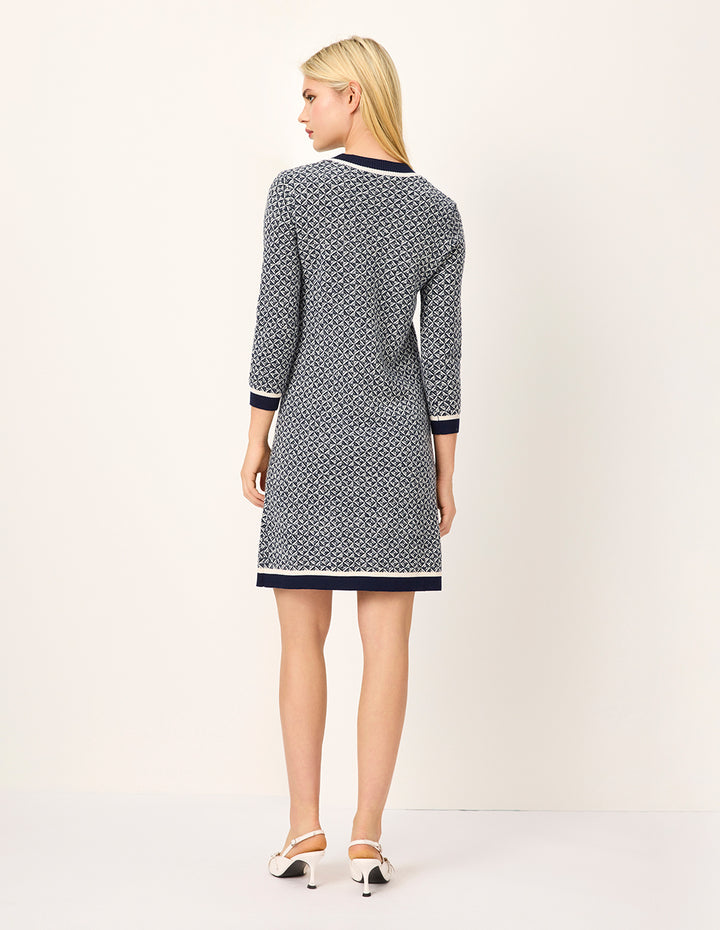 MARYLING Blue & White Trimmed Wool Knit Midi Shift Dress