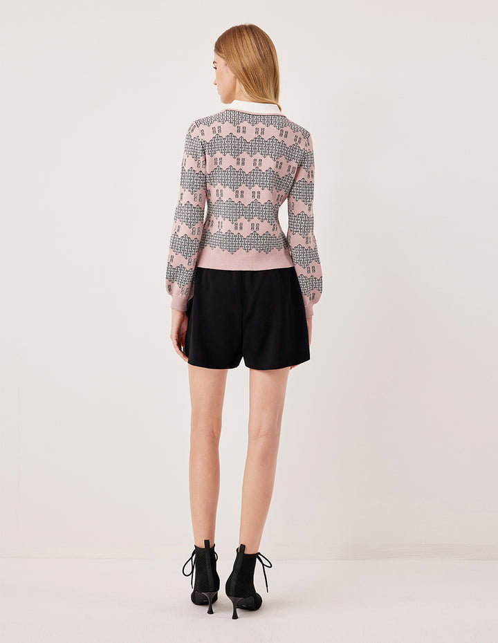 MARYLING Peter Pan Collar Long Puff Sleeve Pink Garden Print Knit Cardigan