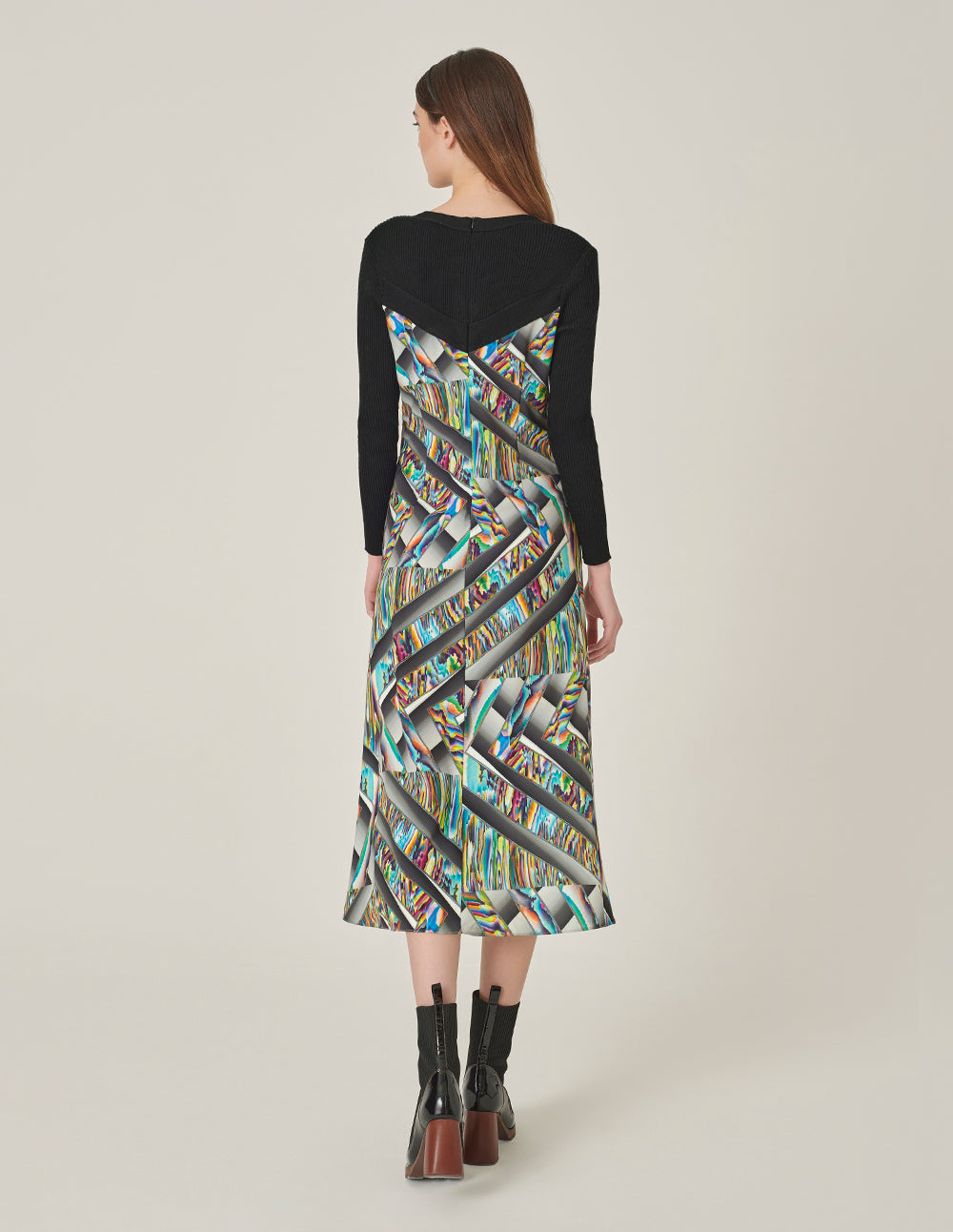 MARYLING Round-Neck Long-Sleeve Empired Knitted Printed Midi Dress
