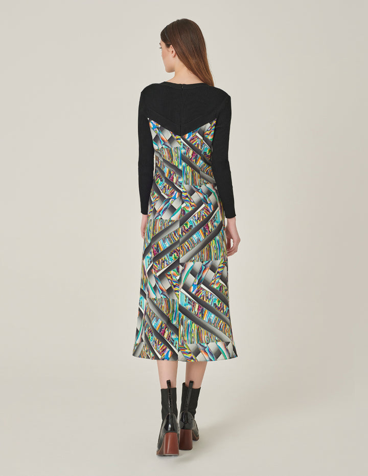 MARYLING Round-Neck Long-Sleeve Empired Knitted Printed Midi Dress