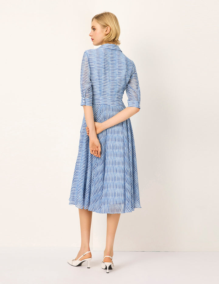 MARYLING Lapel Stripe Print Empire-Waist Pleated Midi Wrap Dress