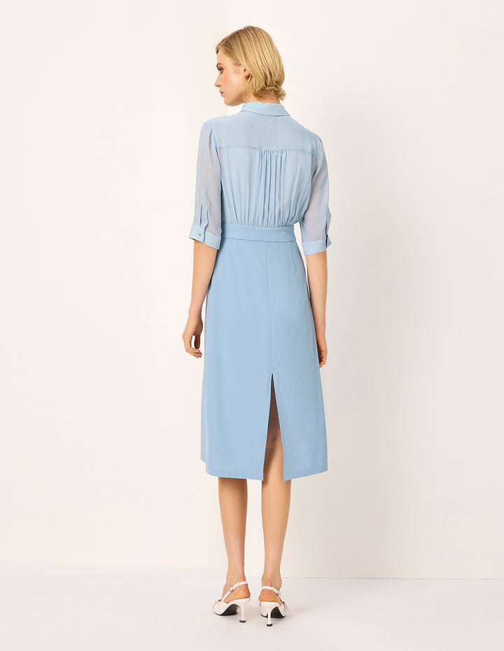 MARYLING Lapel Pleated Empire-Waist Midi Shirt Dress