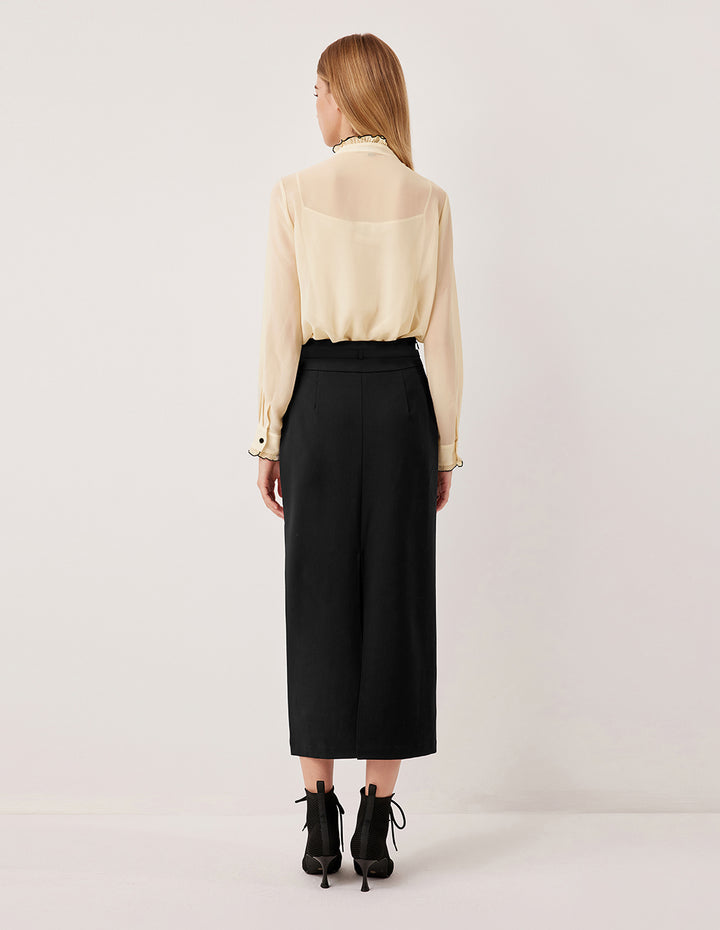 MARYLING V-Neck Long Sleeve Ruffle Trim Pin Tuck Silk Top