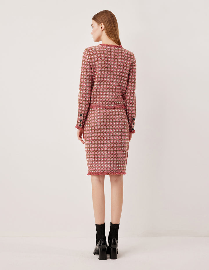 MARYLING Plaid Knit Pencil Skirt with Fringe Hem