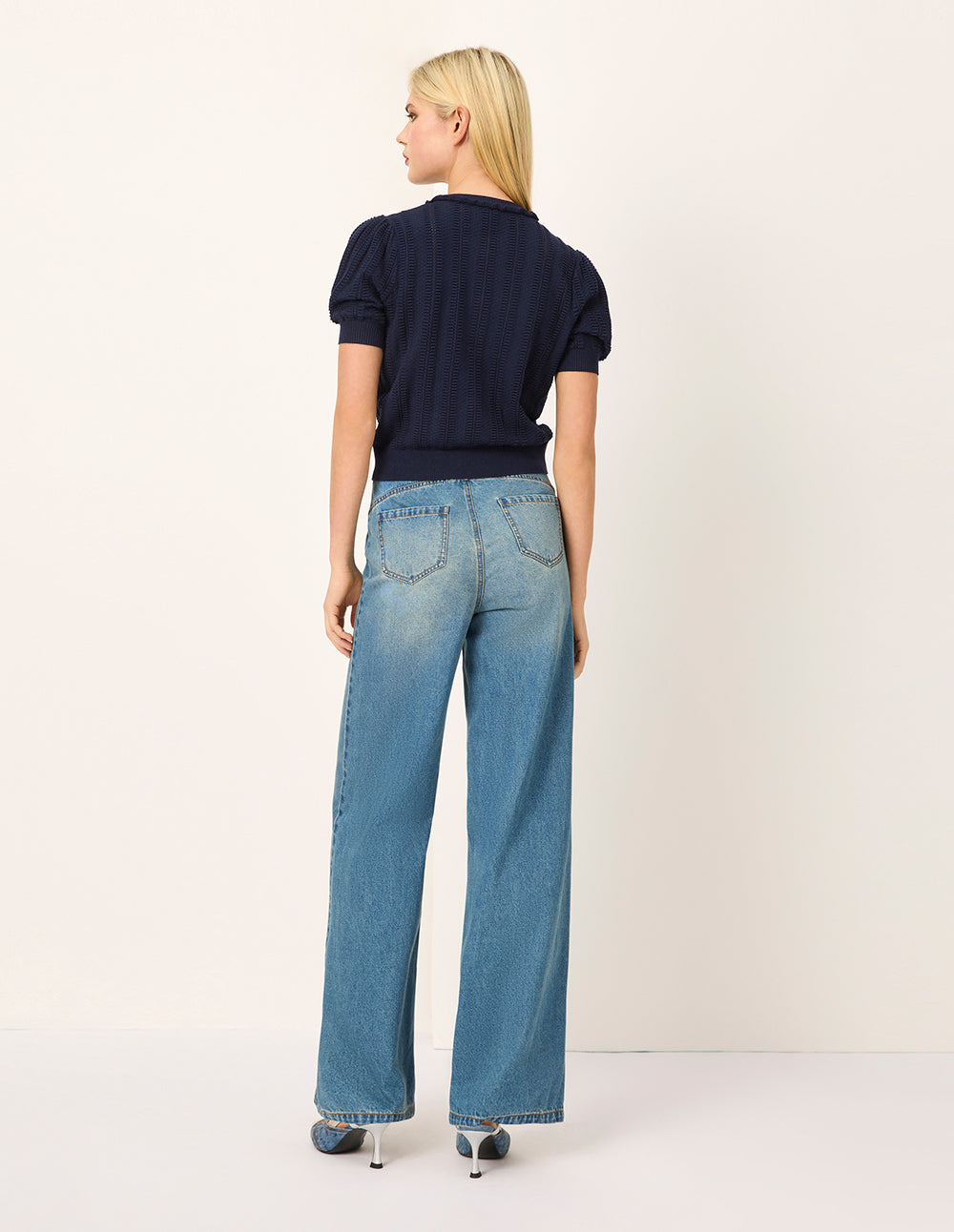 MARYLING Round-Neck Ruffle Short-Sleeve Textured Knit Cardigan