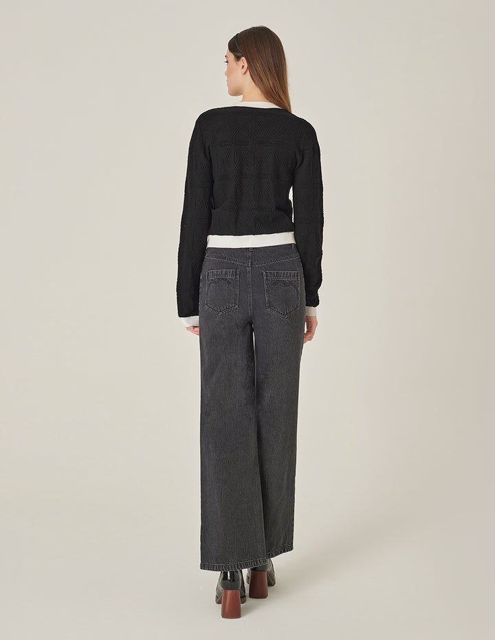 MARYLING Black And White Contrasting Round Neck Dark Pattern Knitted Cardigan