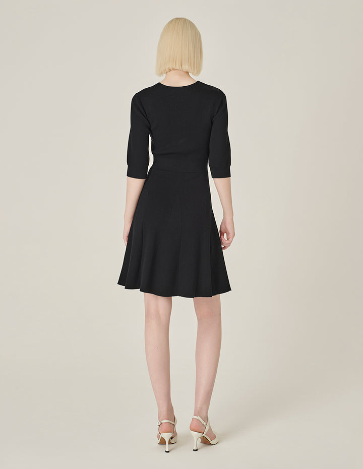 MARYLING Black V-Neck Mid-Sleeve Knitted Dress