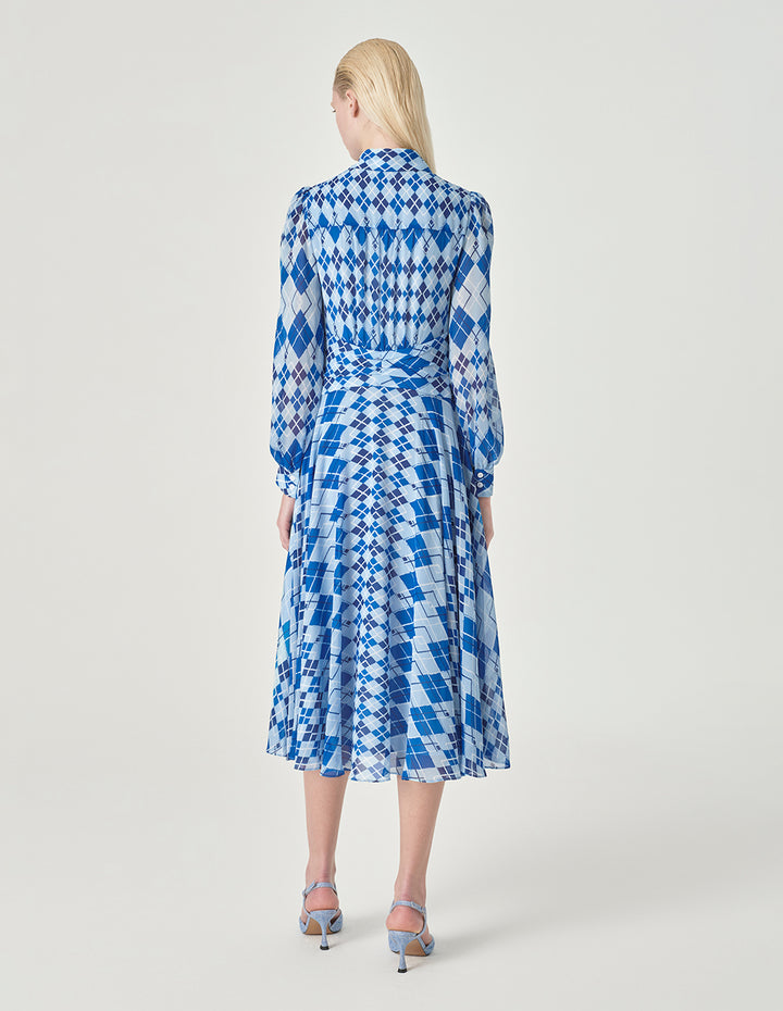 MARYLING Blue And White Plaid Shirt Collar A-Hem Dress