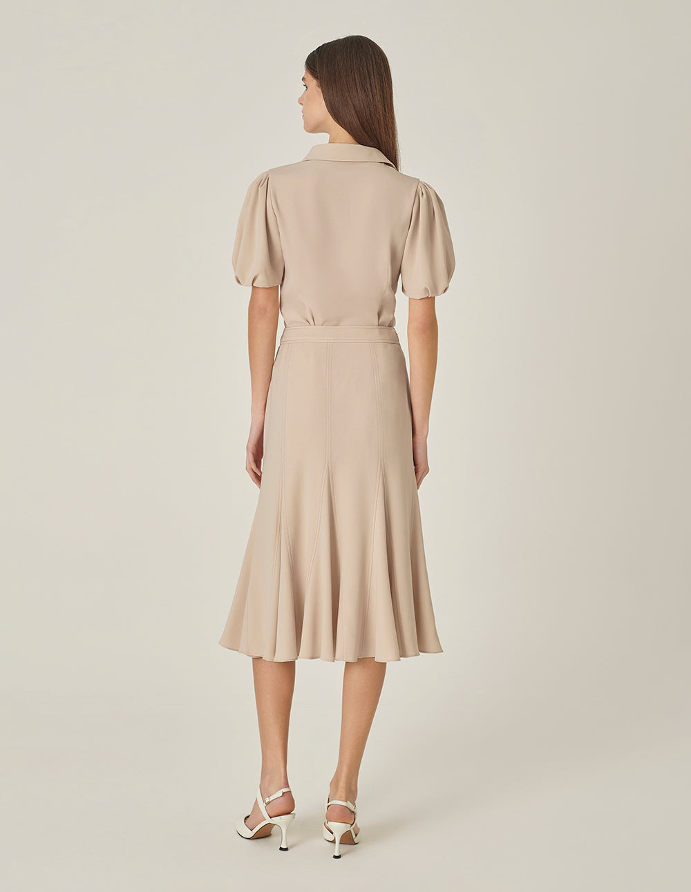 MARYLING V-Neck Puff Sleeve Waist Apricot Top