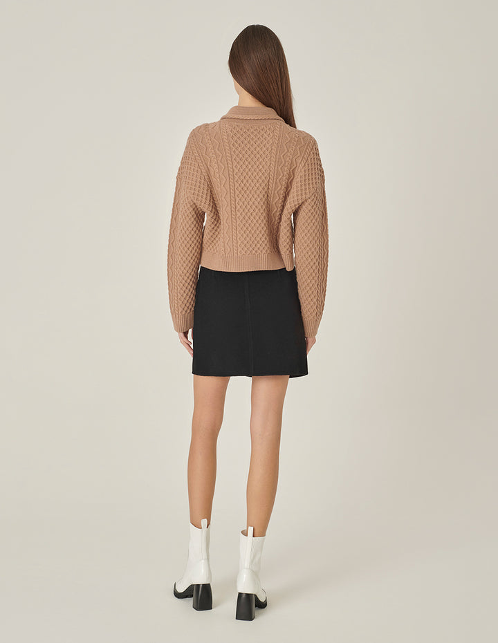 MARYLING Camel Lapel Double-Breasted Knitted Cardigan