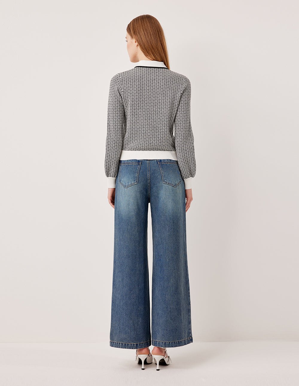 MARYLING Round Neck Long-Sleeve Houndstooth with 2 Pockets Knit Cardigan