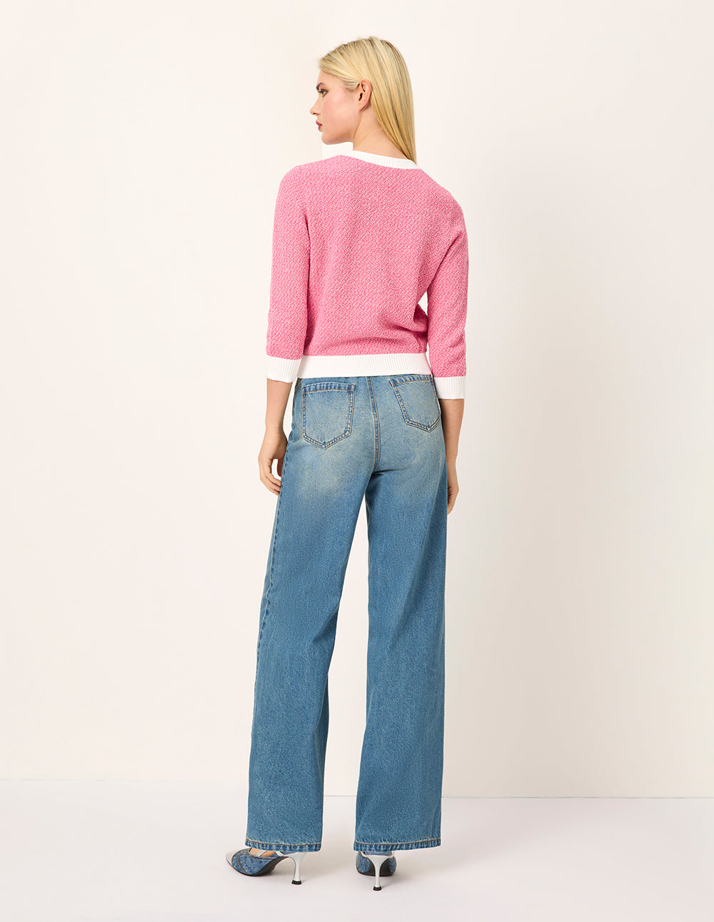 MARYLING Round Neck White Trim Long-Sleeve Knit Cardigan