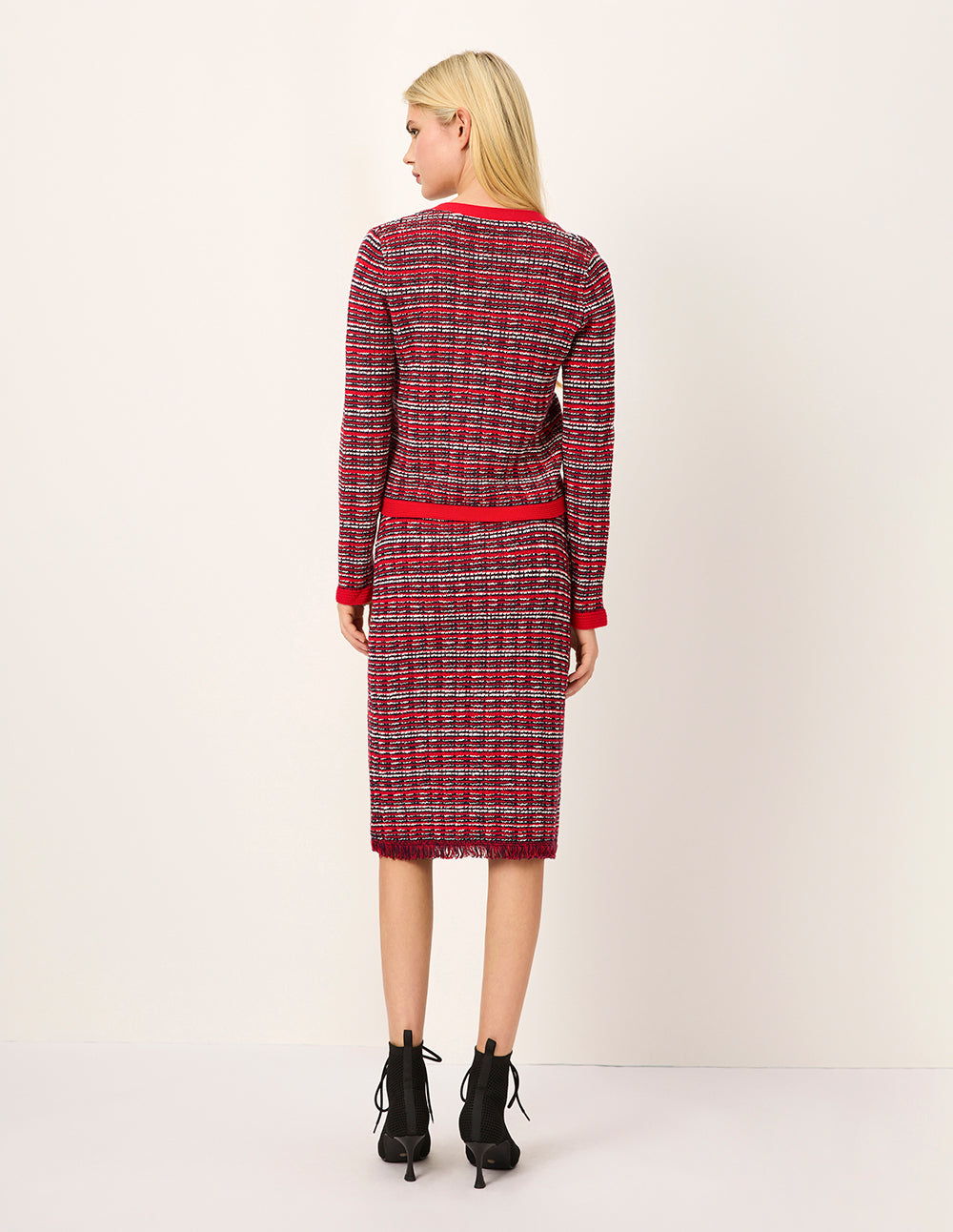 MARYLING Red & White Checkered Tweed Knee-Length Knit Straight Skirt