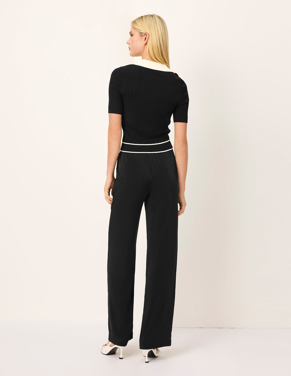 MARYLING Lapel Short-Sleeved Black And White Contrast Knitted Pullover