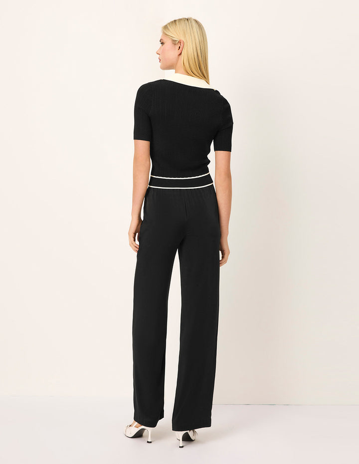 MARYLING Lapel Short-Sleeved Black And White Contrast Knitted Pullover