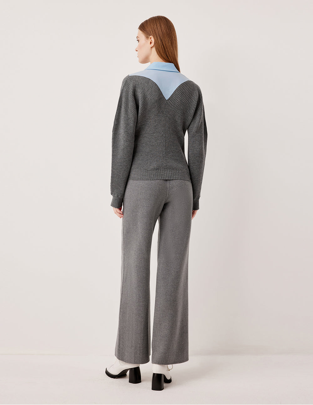 MARYLING Gray-Blue Wool Knit Patchwork Shirt Two-Tone Pullover