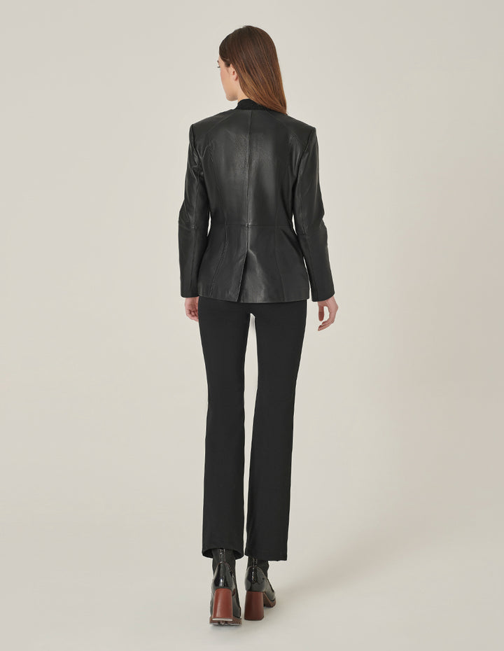 MARYLING Black Collarless Lambskin Blazer With Multiple Pockets