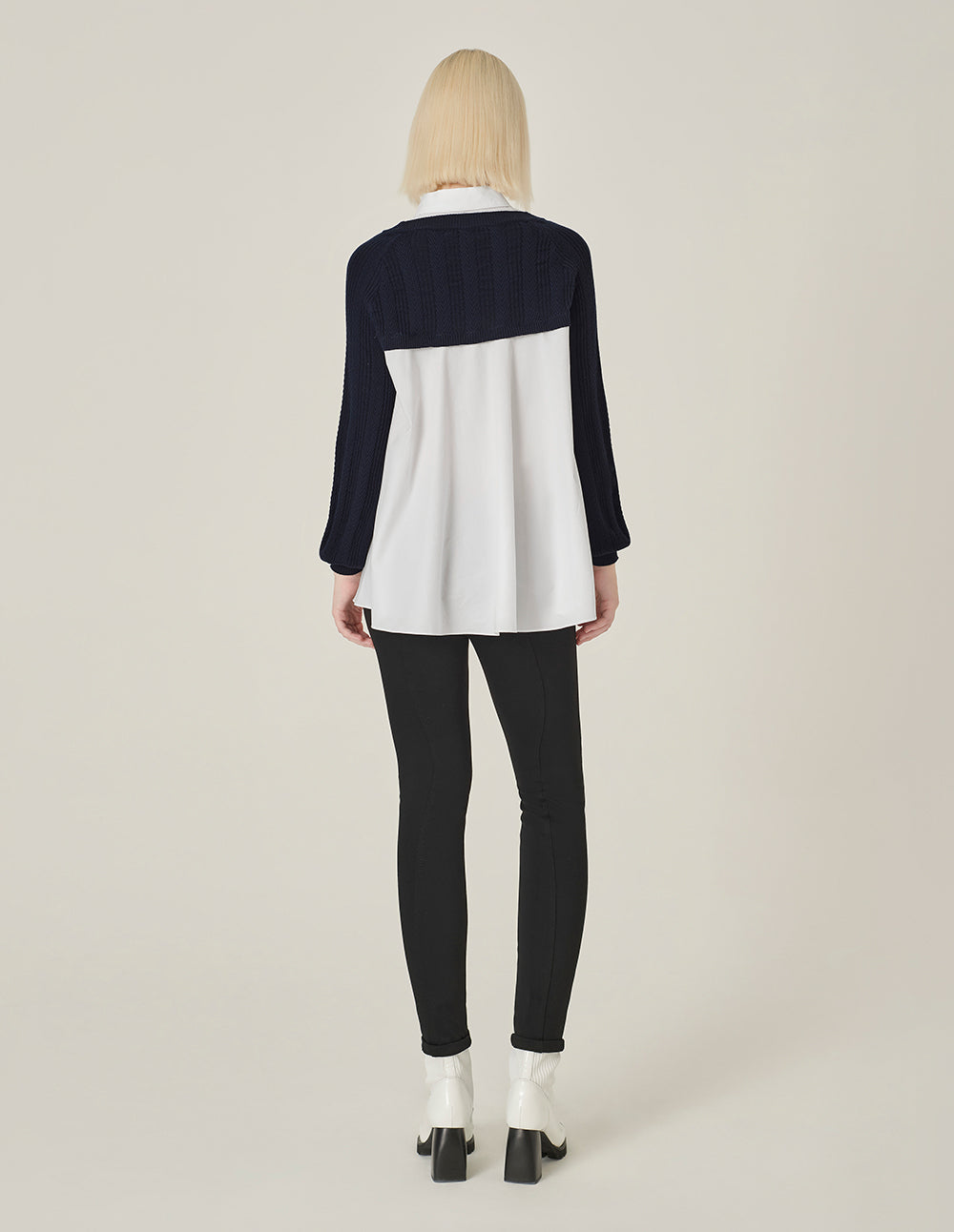 MARYLING Blue A& White Long-Sleeve Patchwork Knitted Blouse