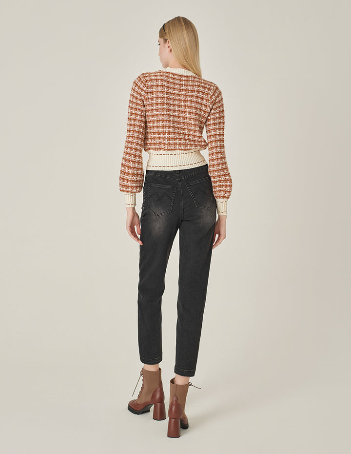 MARYLING Plaid Round Neck Long-Sleeved Cropped Knit Sweater