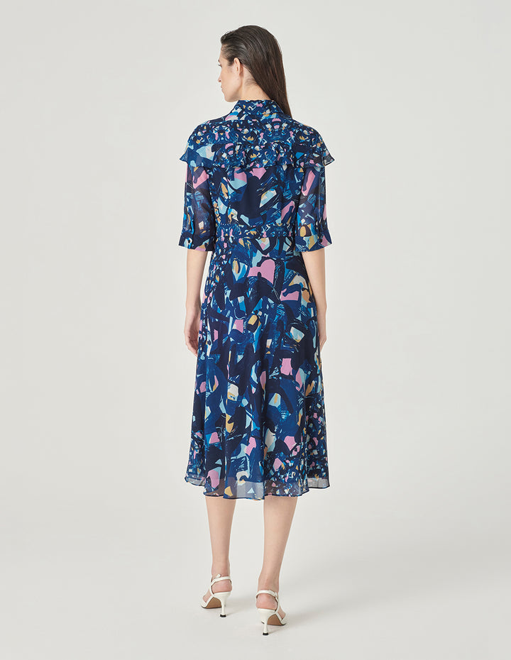 MARYLING Shirt Collar Printed Short Sleeves Midi Shirt Dress