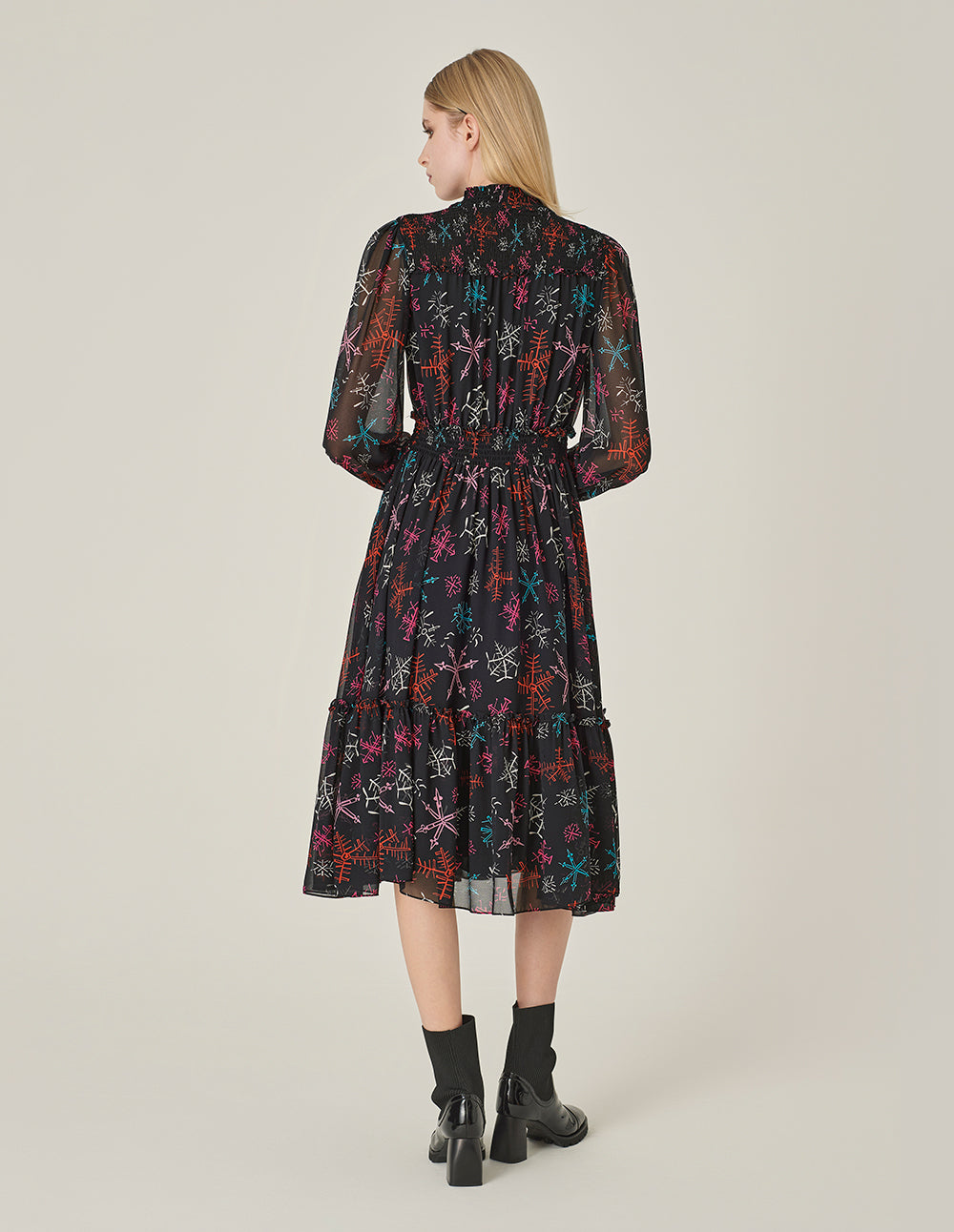 MARYLING Ruffle Collar Cutout Printed Long Sleeve Pleated Midi Dress