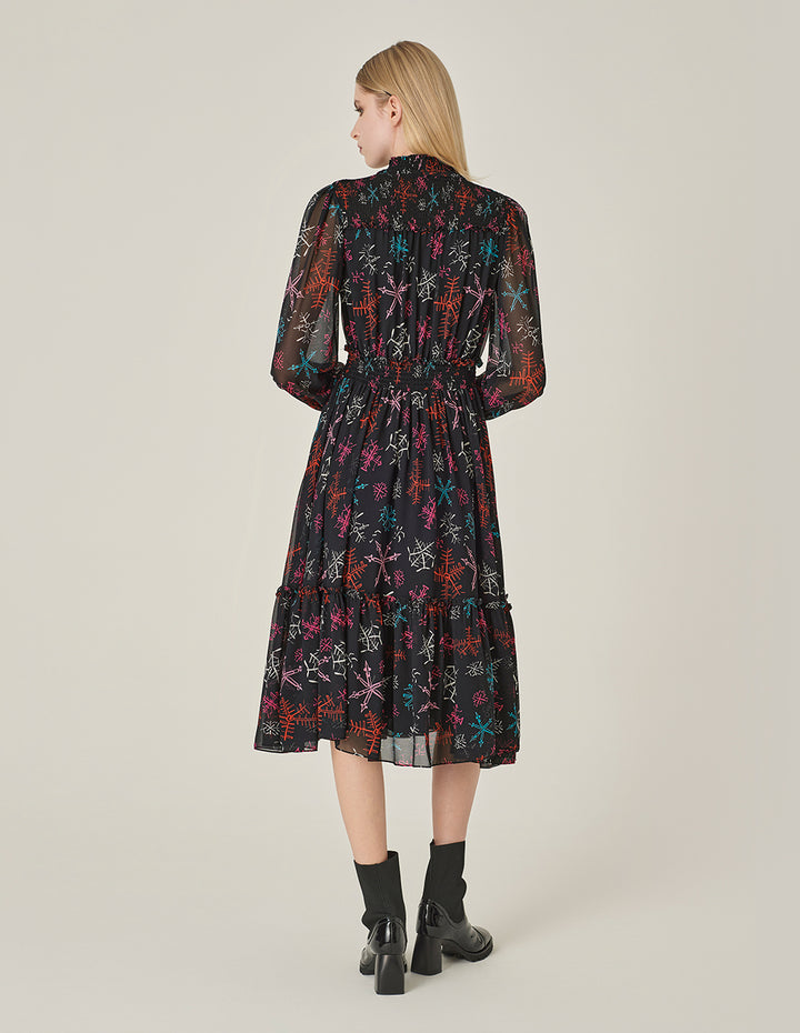 MARYLING Ruffle Collar Cutout Printed Long Sleeve Pleated Midi Dress