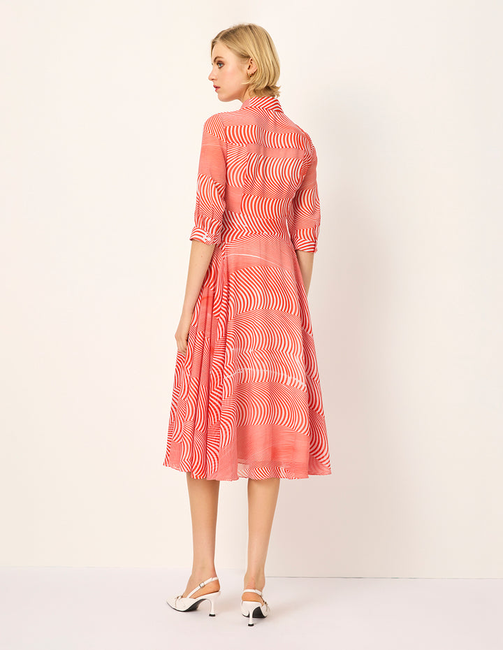 MARYLING Half-Sleeve Striped-Print Pleated Midi Shirt Dress