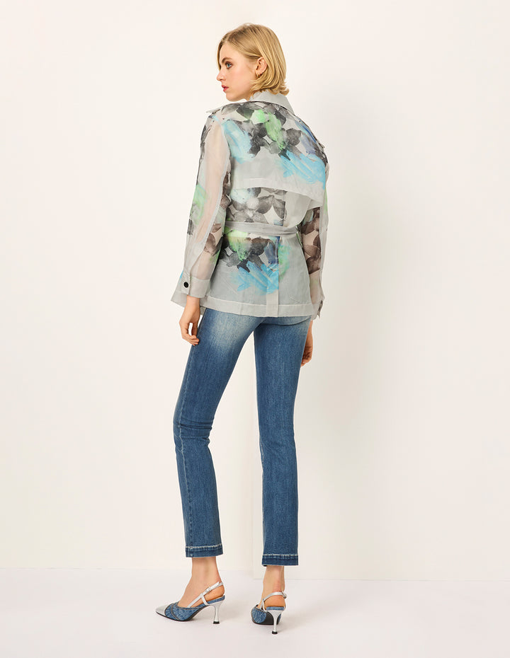 MARYLING Peaked Lapel Collar Oil Painting Tie-Waist Mid-Length Windbreaker