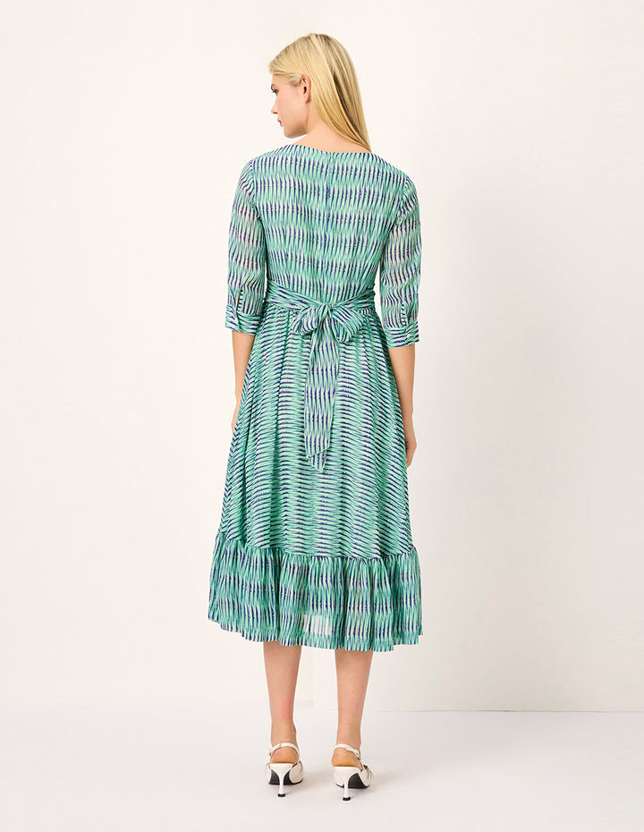 MARYLING Diamond Neck Cross Empire-Waist Striped-Print Flounce Midi Dress