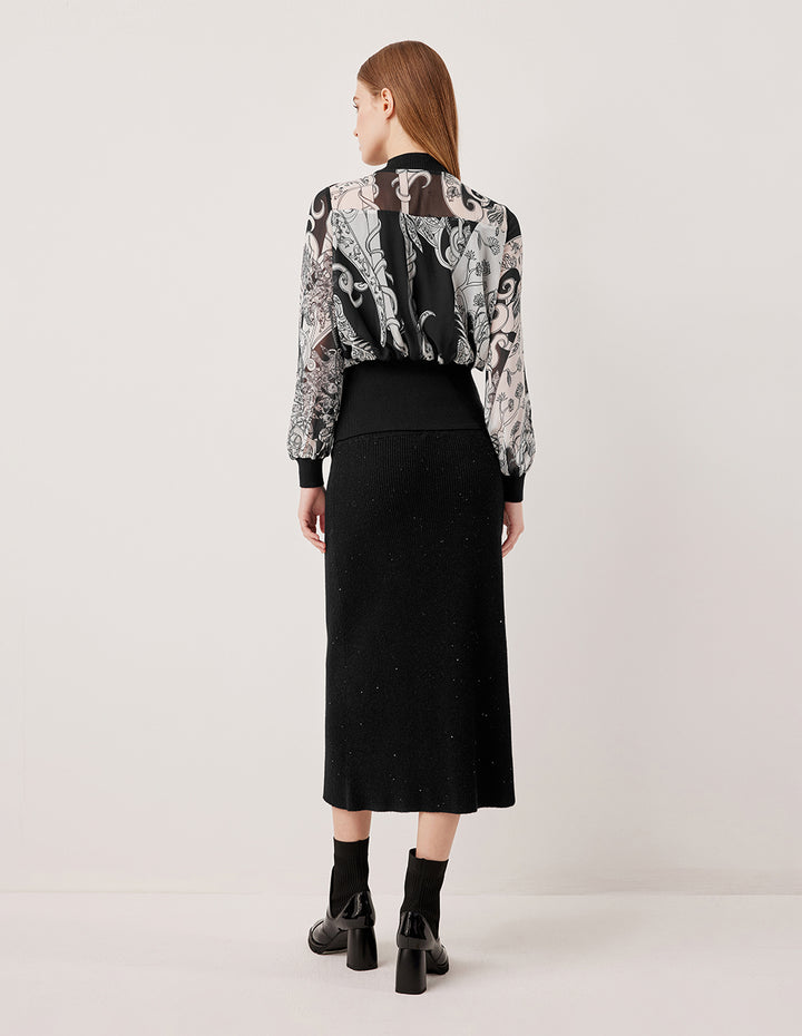 MARYLING High-Waisted Ribbed Wool Midi Skirt with Double Buttons