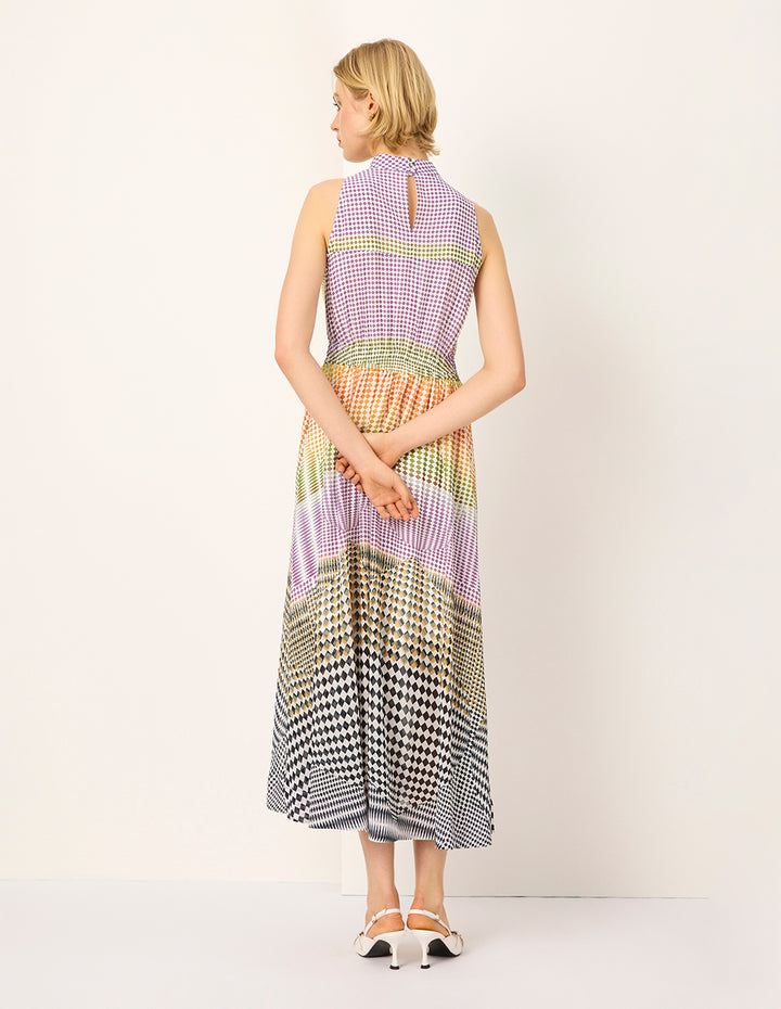 MARYLING Rhombus Print Sleeveless Empired Midi Silk Dress