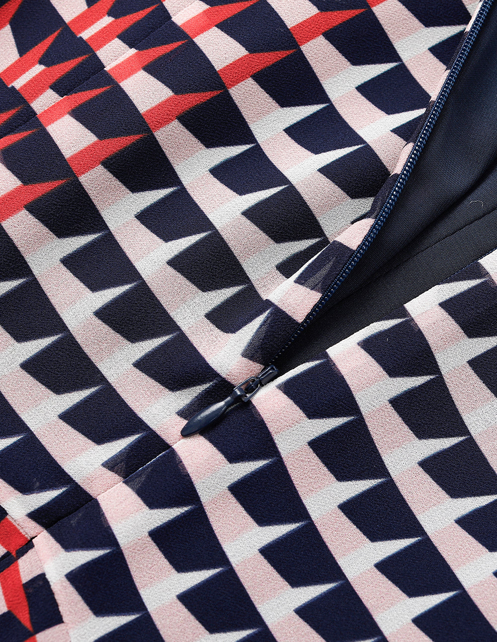 MARYLING Stand-Collar Trumpet Sleeves Houndstooth Pleated Midi Dress