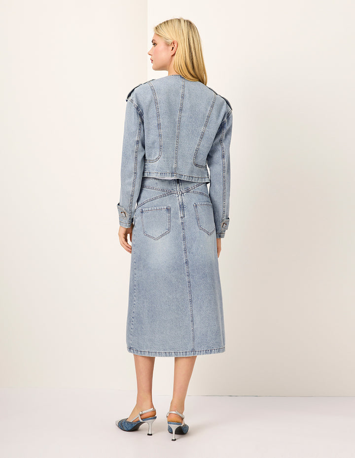 MARYLING Round-Neck Diagonal-Breasted Washed Denim Biker Jacket