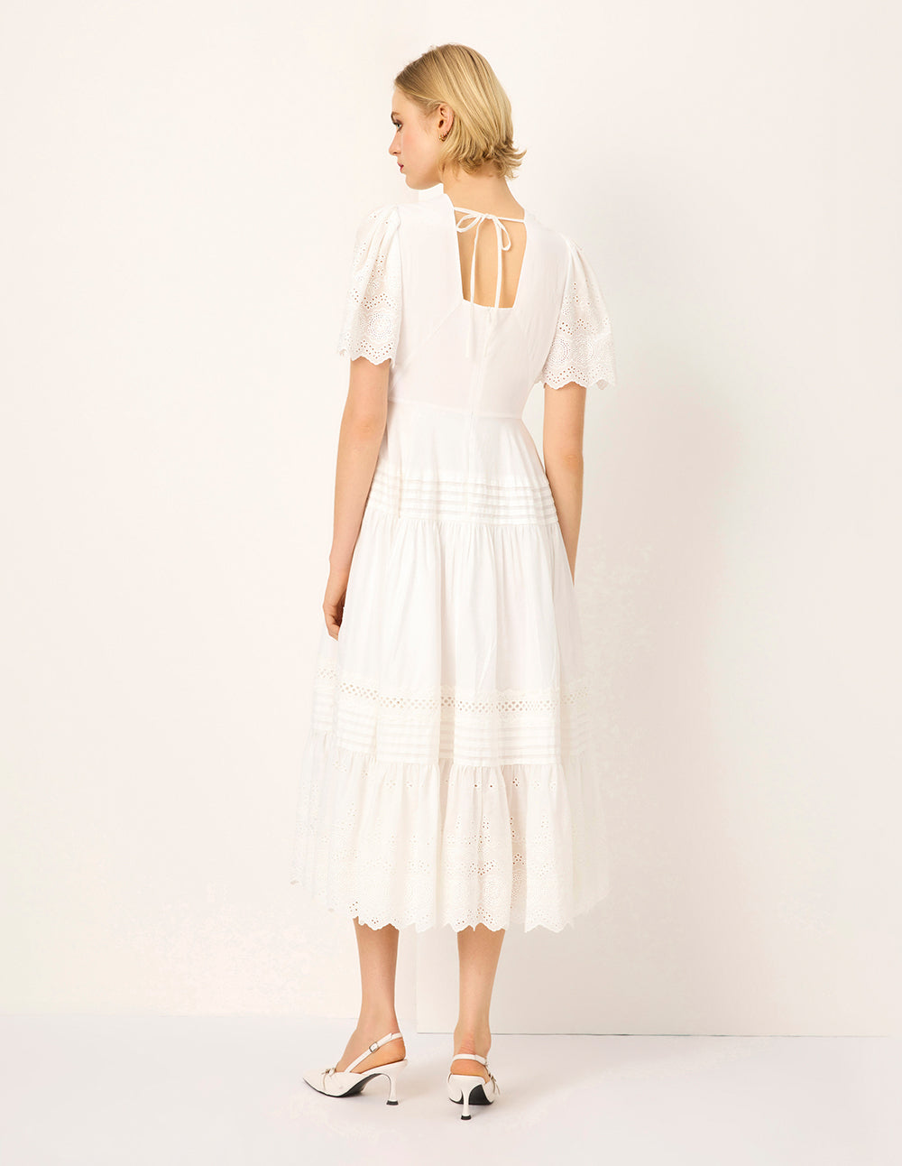 MARYLING V-Neck Short-Sleeve Lace Empire-Waist Flounce Midi Dress