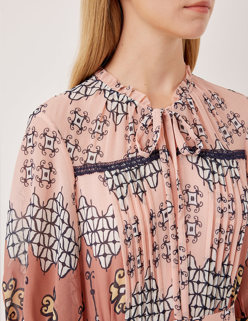 MARYLING Ruffled V-Neck Short-Sleeve Empire-Waist  Geometric Print Pleated Midi Dress