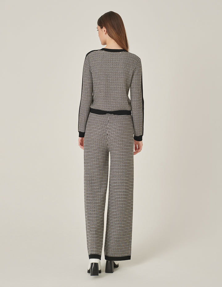 MARYLING Round-Neck Long Sleeve Black And White Houndstooth Knitted Pullover