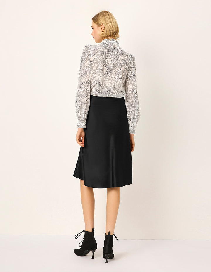 MARYLING Ruffled Stand Collar Black Stripe Printed Long-Sleeve Silk Blouse