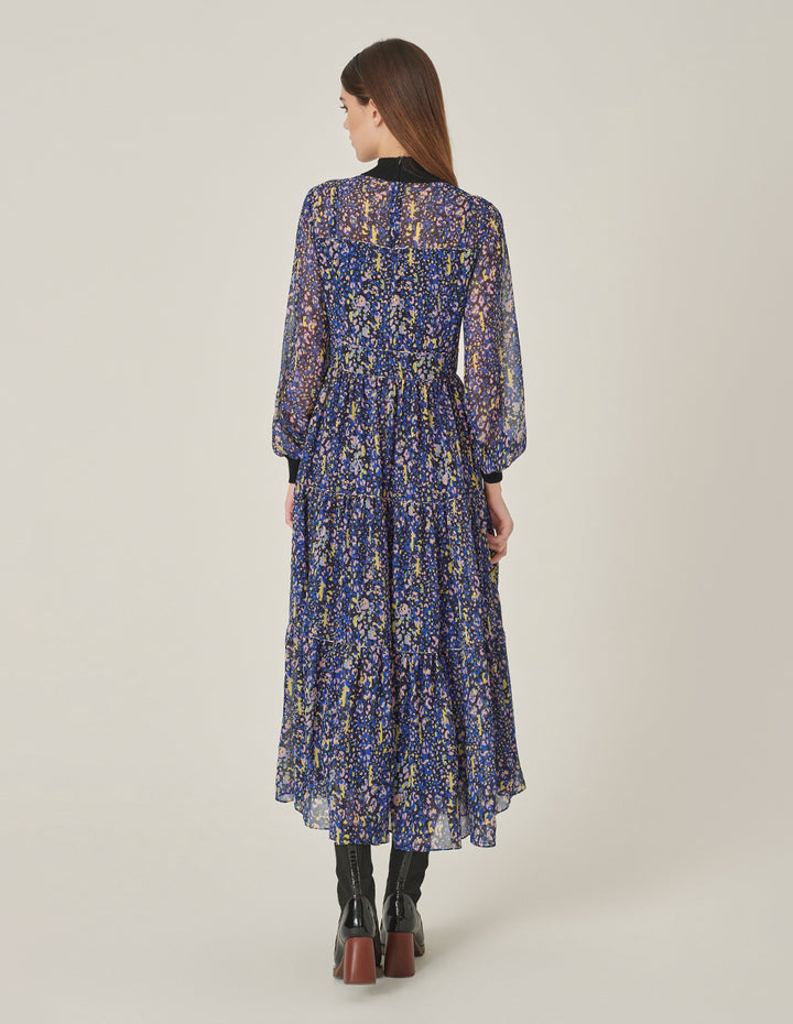 MARYLING Stand Collar Georgette Printed Pleated Mid-Length Dress