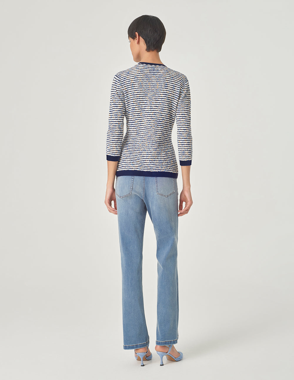 MARYLING Blue And White Striped Ribbons Knitted Cardigan