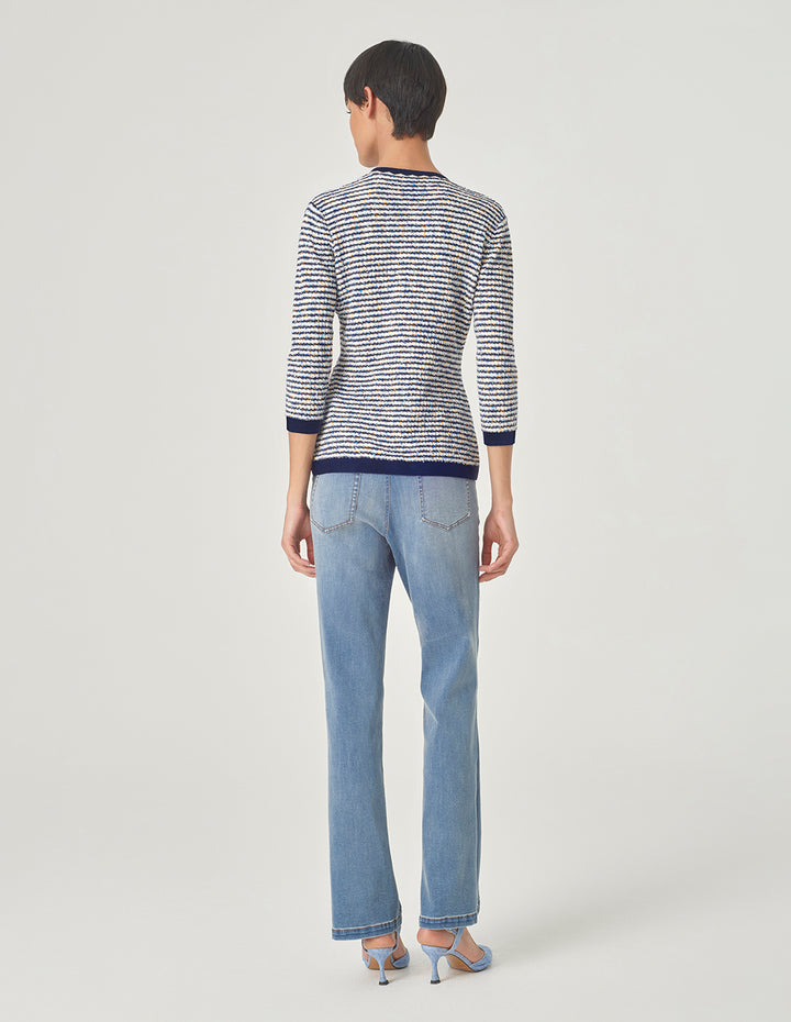 MARYLING Blue And White Striped Ribbons Knitted Cardigan