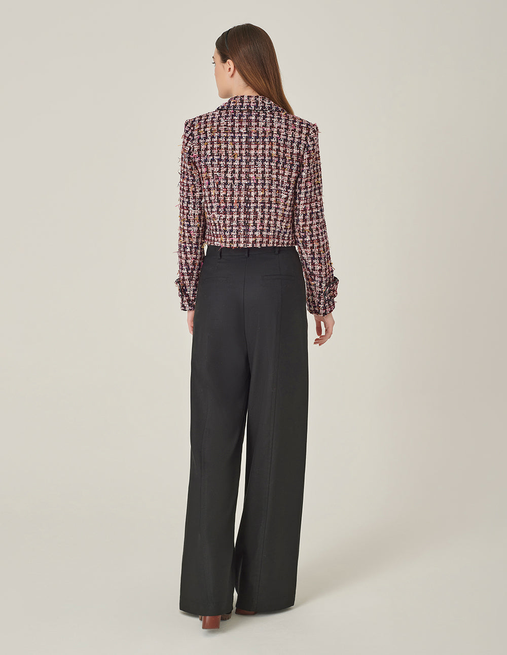 MARYLING Pink & Black Plaid H-Shaped Cropped Tweed Jacket