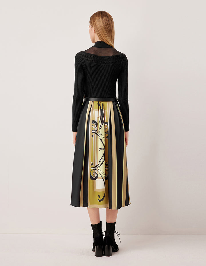 MARYLING Semi-High Neck Long Sleeve Knit Patchwork Print Midi Dress