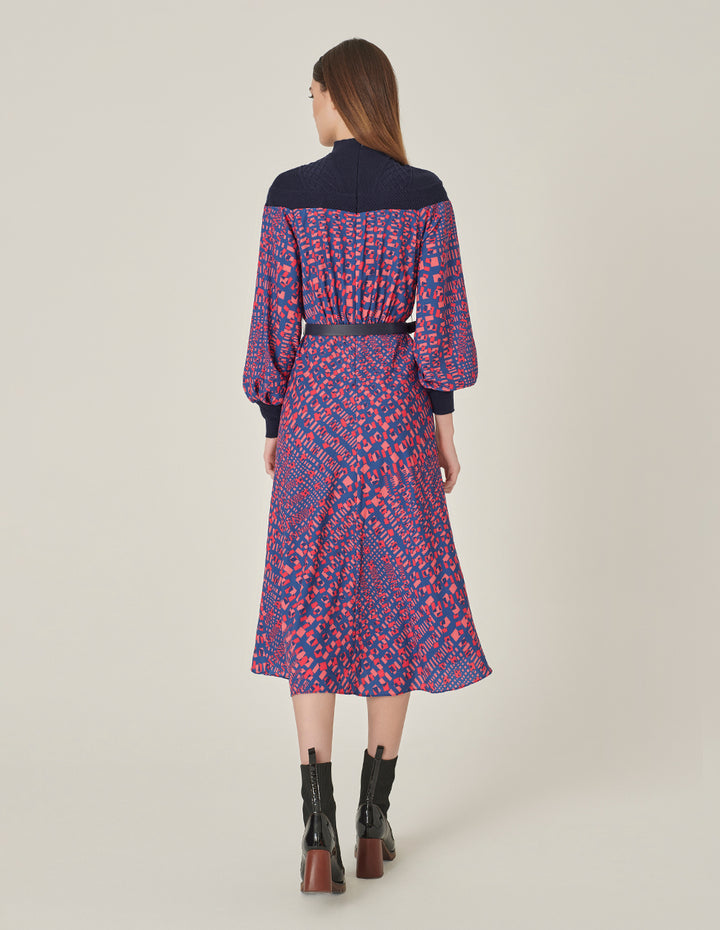 MARYLING Stand Collar Long-Sleeve Printed Patchwork Midi Knitted Dress