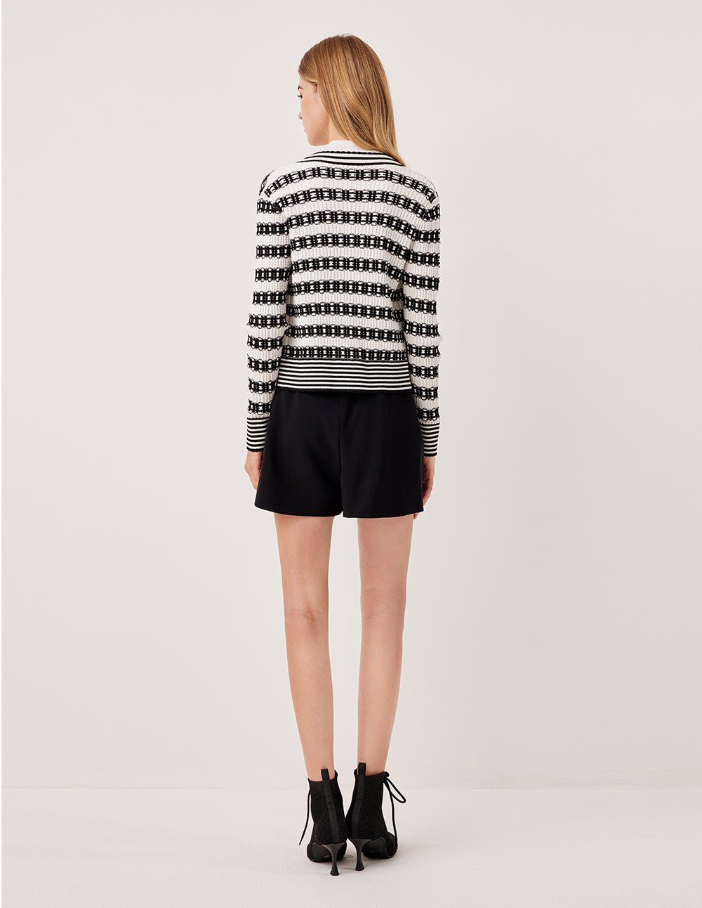 MARYLING V-Neck Long Sleeve Lace Textured Stripe Knit Cardigan