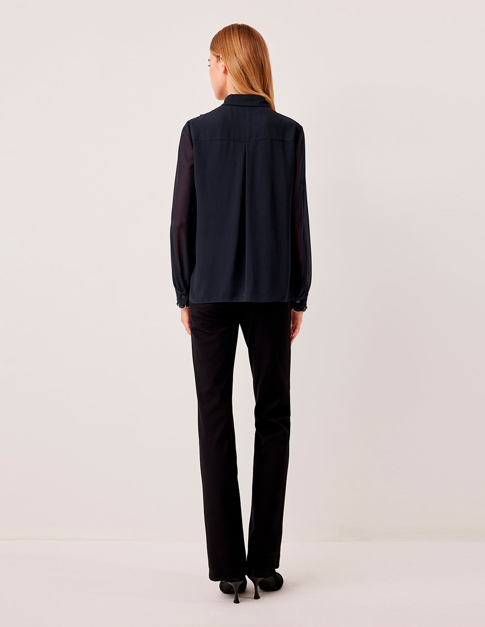 MARYLING Sheer Long-Sleeved Pintuck Ruffle-Trim Silk Blouse