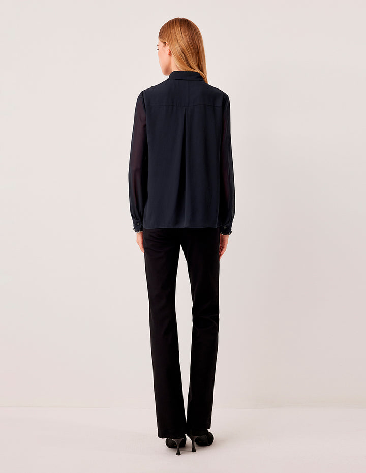 MARYLING Sheer Long-Sleeved Pintuck Ruffle-Trim Silk Blouse